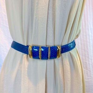 Milor Vintage Sz S/M Royal Blue Snakeskin Belt with Chunky Gold Hardware 80’s